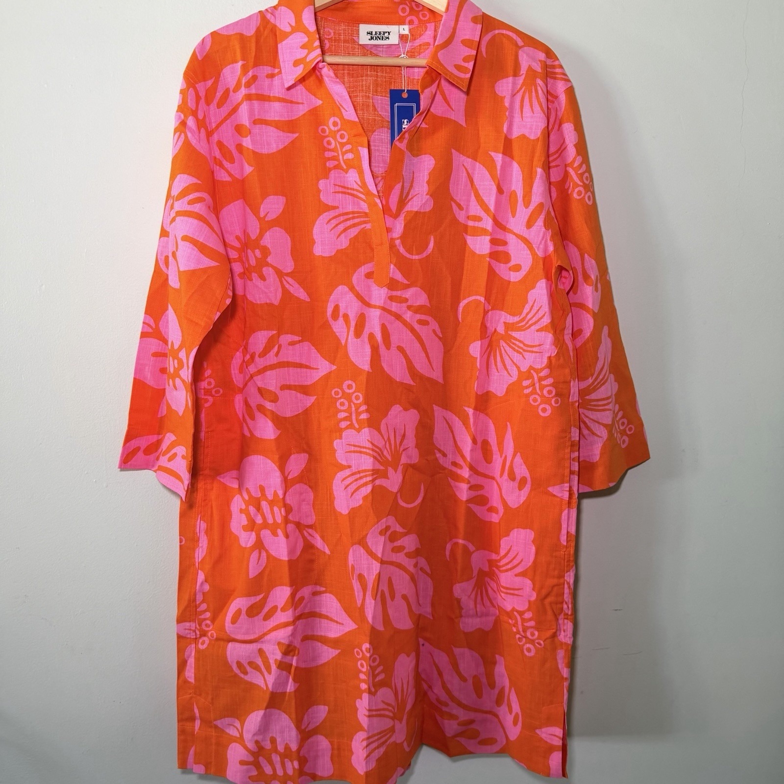 Sleepy Jones Jane Aloha Floral Print Tunic Dress Orange Pink Women's Size L Nwt — image 3 of 7